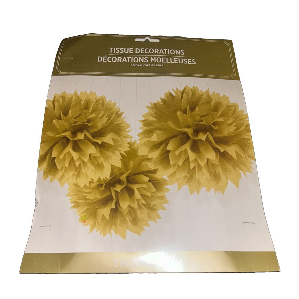 Tissue Balls Gold PomPoms Party Decorations Graduation Christmas 16"- 3 ct.